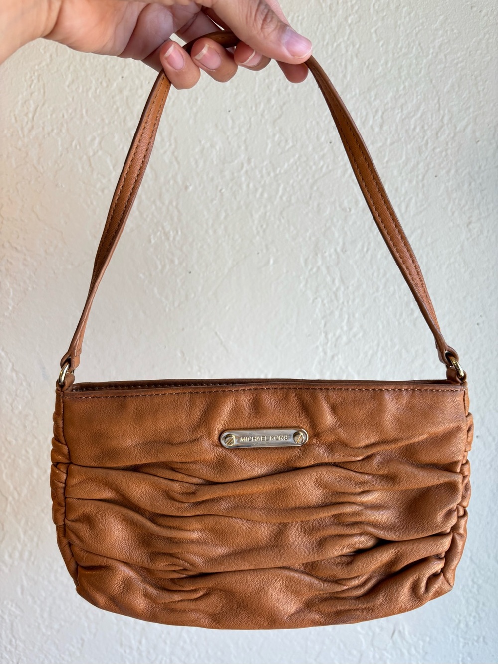 MICHAEL Michael Kors Cognac Ruched Leather Shoulder Bag